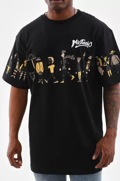 Unisex Bisiklet Yaka Baskılı Oversize T-Shirt - Siyah - Resim 2