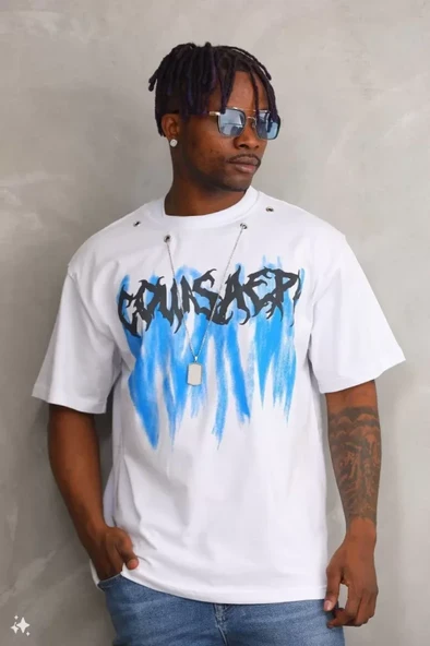 Unisex Oversize Kolye Dahil T-Shirt - Beyaz - 2