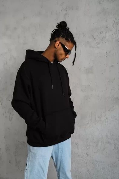 Erkek Düz Kapüşonlu Sweat - Siyah - Resim 3