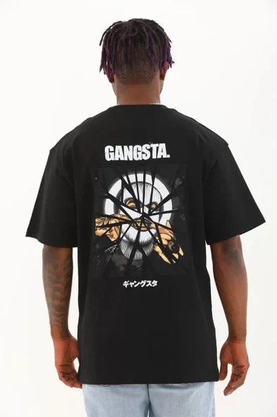 Unisex Oversize Baskılı Bisiklet Yaka T-Shirt - Siyah - Resim 4