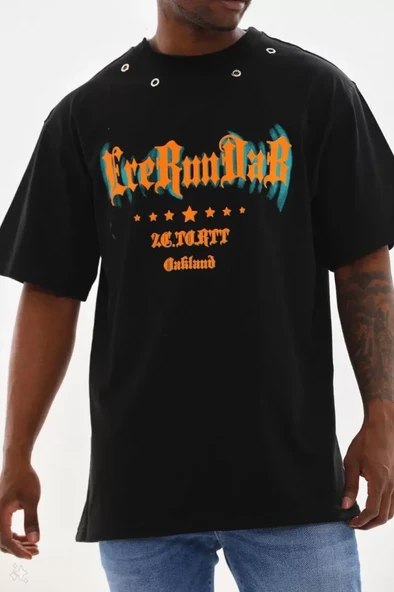 Unisex Kuşgözü Detaylı Baskılı Oversize T-Shirt - Siyah ürün görseli