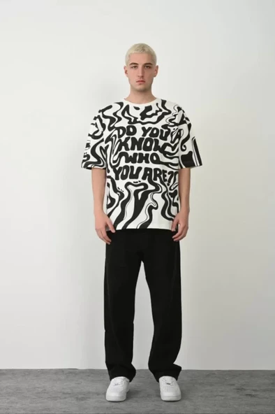 Unisex Baskılı Bisiklet Yaka Oversize T-Shirt - Beyaz - Resim 2