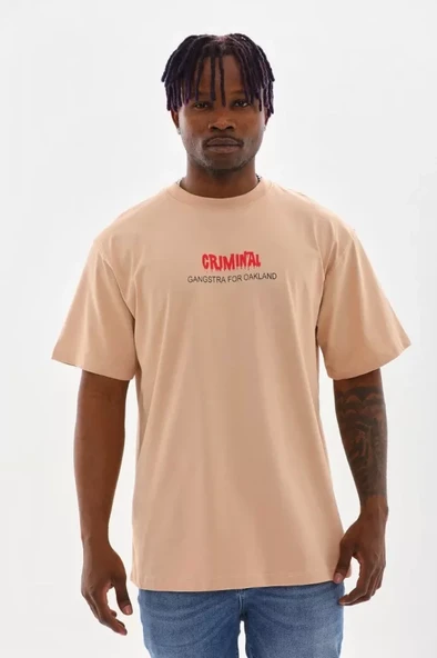 Unisex Baskılı Oversize T-Shirt - Bej ürün görseli
