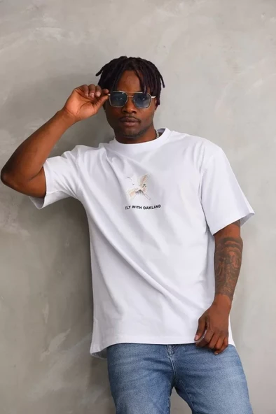 Unisex Baskılı Oversize T-Shirt - Beyaz - Resim 4