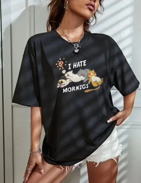 Bisiklet Yaka Baskılı Oversize T-Shirt - Siyah ürün görseli