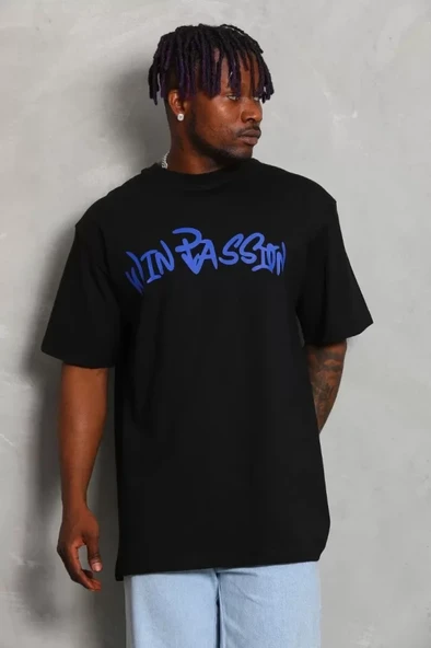 Unisex Oversize Baskılı Bisiklet Yaka T-Shirt - Siyah - Resim 3