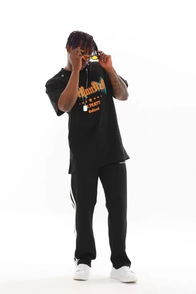 Unisex Oversize Kolye Dahil T-Shirt - Siyah - 4