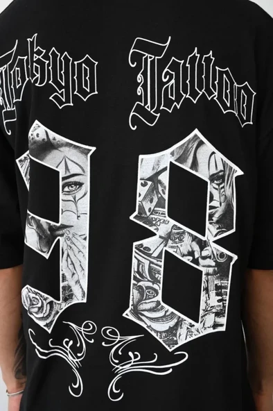 Unisex Baskılı Oversize T-Shirt - Siyah - Resim 4