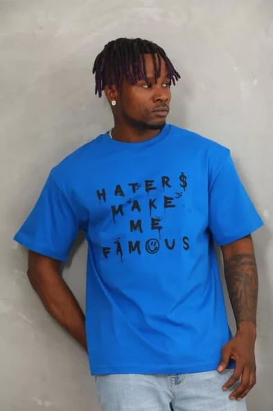 Unisex Oversize Baskılı Bisiklet Yaka T-Shirt - Mavi - Resim 3