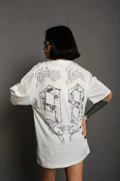 Unisex Bisiklet Yaka Baskılı Oversize T-Shirt - Beyaz - Resim 3