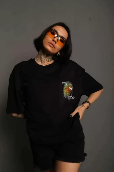 Unisex Bisiklet Yaka Baskılı Oversize T-Shirt - Siyah ürün görseli