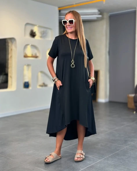 Kadın Kısa Kollu Bisiklet Yaka Asimetrik Kesim ön Viskon Arkası Trikoton Elbise - Resim 2