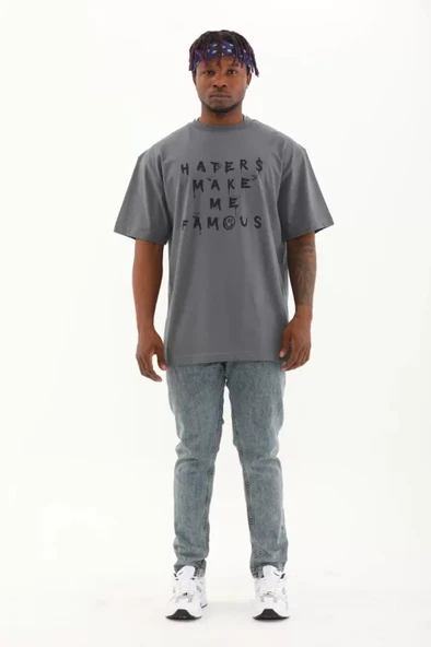 Unisex Oversize Baskılı Bisiklet Yaka T-Shirt - Füme - Resim 3