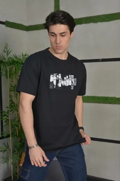 Unisex Bisiklet Yaka Baskılı Oversize T-Shirt - Siyah - Resim 2