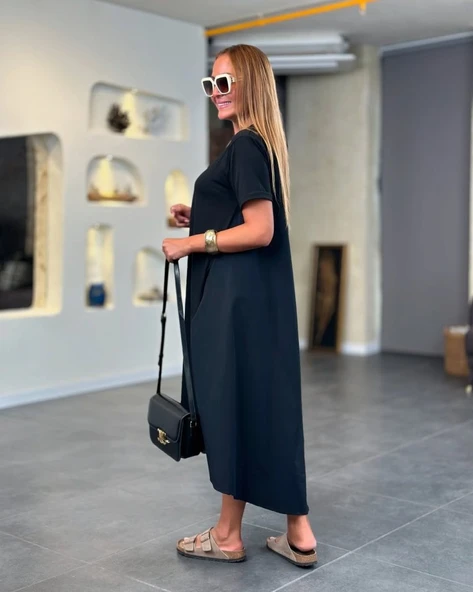 Kadın Kısa Kollu Bisiklet Yaka Asimetrik Kesim ön Viskon Arkası Trikoton Elbise - Resim 4