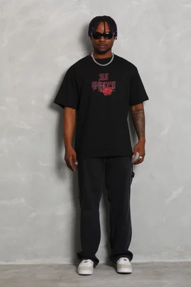 Unisex Oversize Baskılı Bisiklet Yaka T-Shirt - Siyah ürün görseli