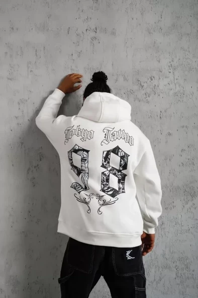Erkek 98 Baskılı Kapşonlu Sweat - Beyaz - Resim 3