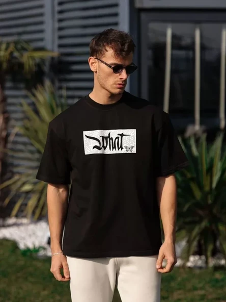 Unisex Bisiklet Yaka Baskılı Oversize T-Shirt - Siyah ürün görseli