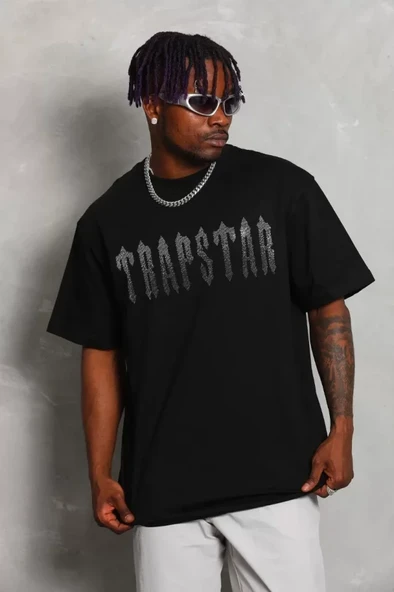 Unisex Oversize Taşlı Bisiklet Yaka T-Shirt - Siyah - Resim 3