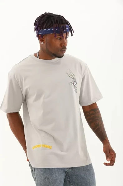 Unisex Oversize Baskılı Bisiklet Yaka T-Shirt - Gri - Resim 2