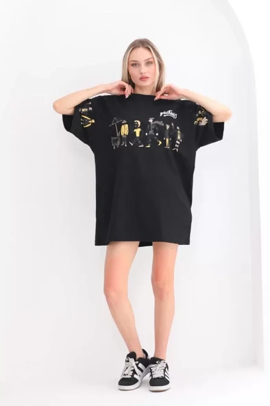 Unisex Bisiklet Yaka Baskılı Oversize T-Shirt - Siyah ürün görseli