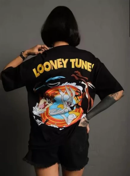 Unisex Bisiklet Yaka Baskılı Oversize T-Shirt - Siyah - Resim 2