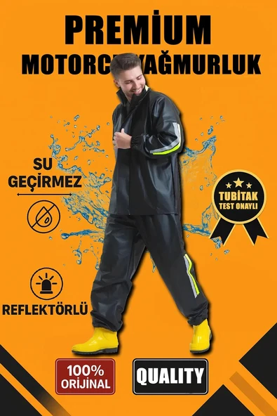Premium Motorcu Kurye Yağmurluk Takım Su Geçirmez PVC Kumaş Reflektörlü TÜBİTAK Onaylı - Siyah - 1
