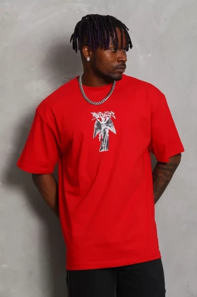 Unisex Oversize Baskılı Bisiklet Yaka T-Shirt - Kırmızı ürün görseli