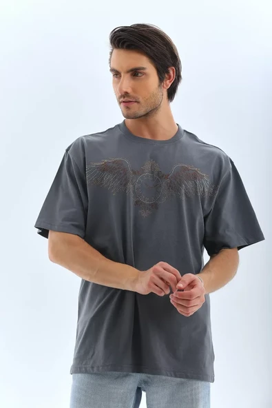 Unisex Oversize Taşlı Bisiklet Yaka T-Shirt - Füme - Resim 3