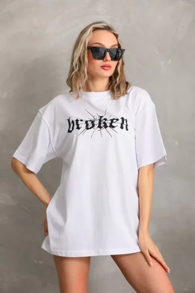 Unisex Baskılı Oversize T-Shirt - Beyaz ürün görseli