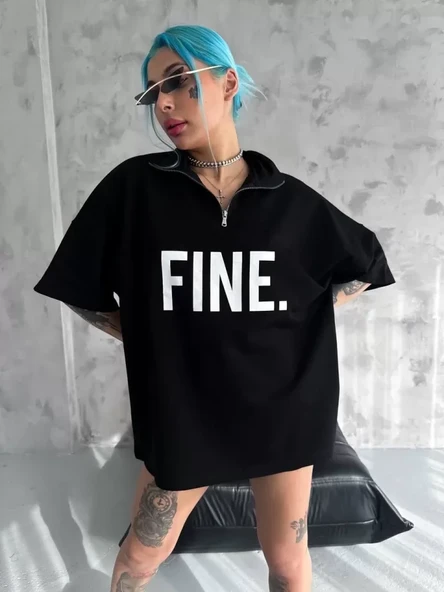 Unisex Baskılı Yarım Fermuarlı T-Shirt - Siyah - Resim 2