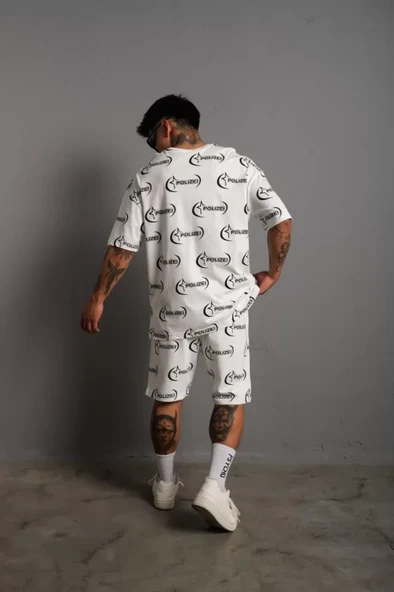 Erkek Baskılı İkili Şortlu Takım - Beyaz - Resim 3