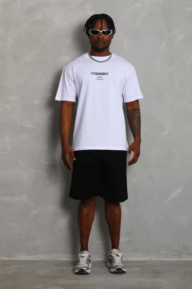 Unisex Oversize Baskılı Bisiklet Yaka T-Shirt - Beyaz - Resim 3