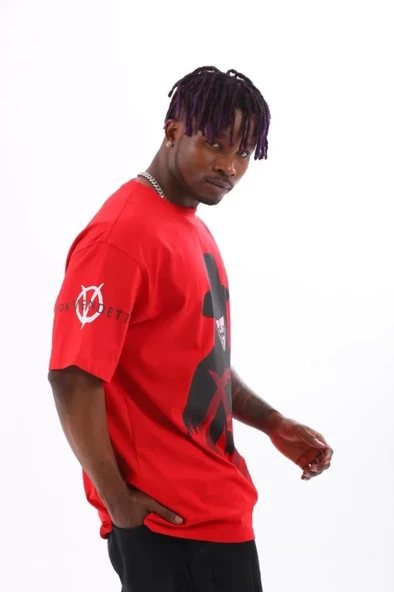 Unisex Oversize Baskılı Bisiklet Yaka T-Shirt - Kırmızı - Resim 3