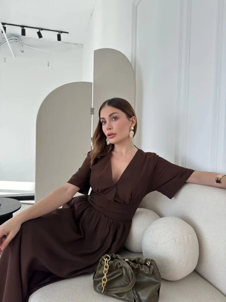 Kısa Kollu Uzun Elbise - Kahve ürün görseli