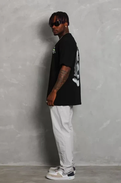 Unisex Oversize Baskılı Bisiklet Yaka T-Shirt - Siyah - Resim 4