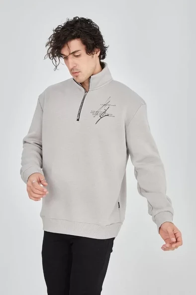 Erkek Yarım Fermuarlı Baskılı Sweat - Boyalı Gri - Resim 3