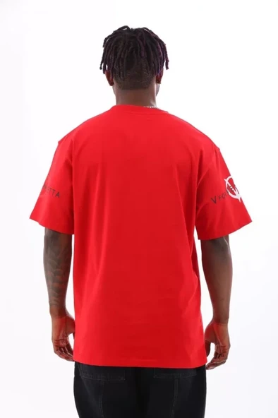 Unisex Oversize Baskılı Bisiklet Yaka T-Shirt - Kırmızı - Resim 4