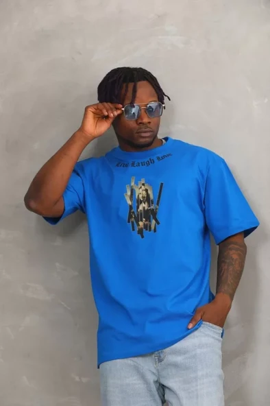 Unisex Oversize Baskılı Bisiklet Yaka T-Shirt - Mavi ürün görseli