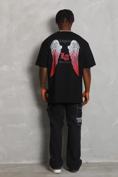 Unisex Oversize Baskılı Bisiklet Yaka T-Shirt - Siyah - Resim 2