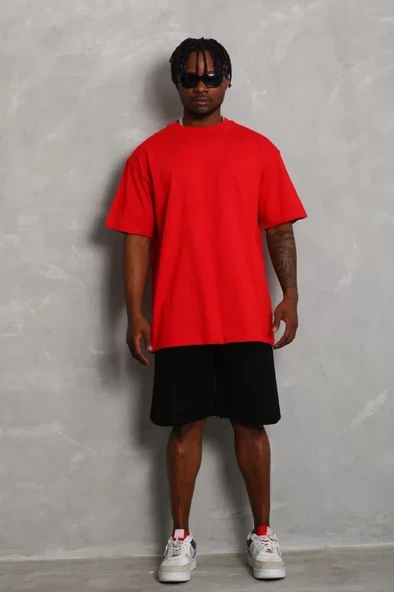 Unisex Oversize Düz Bisiklet Yaka T-Shirt - Kırmızı ürün görseli