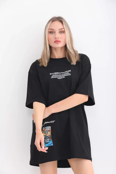 Unisex Bisiklet Yaka Baskılı Oversize T-Shirt - Siyah - Resim 4