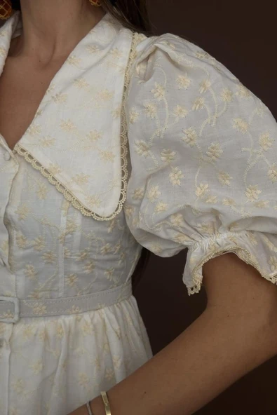 Bej Bebe Yaka Balon Kollu Brode Elbise - Resim 4