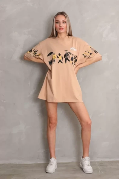 Unisex Bisiklet Yaka Baskılı Oversize T-Shirt - Bej ürün görseli