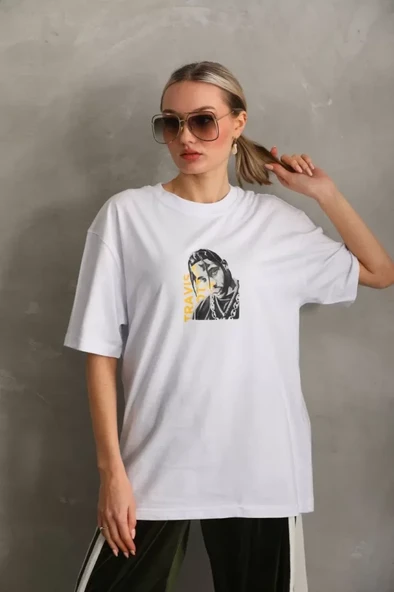 Unisex Baskılı Oversize T-Shirt - Beyaz - Resim 4