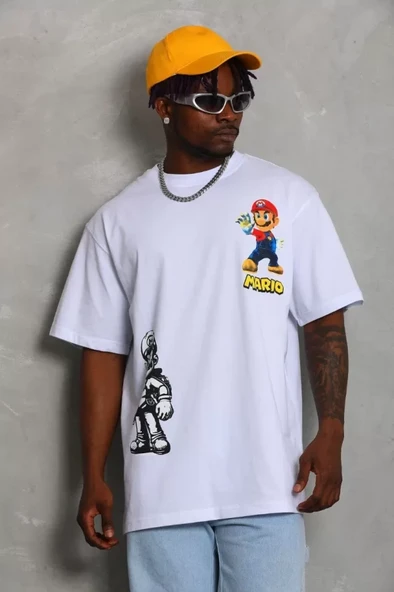 Unisex Oversize Baskılı Bisiklet Yaka T-Shirt - Beyaz - Resim 3