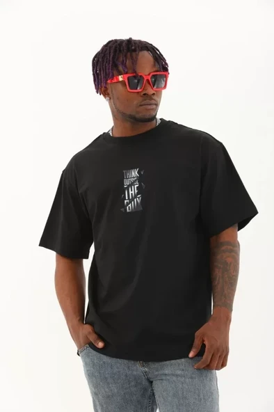 Unisex Oversize Baskılı Bisiklet Yaka T-Shirt - Siyah ürün görseli