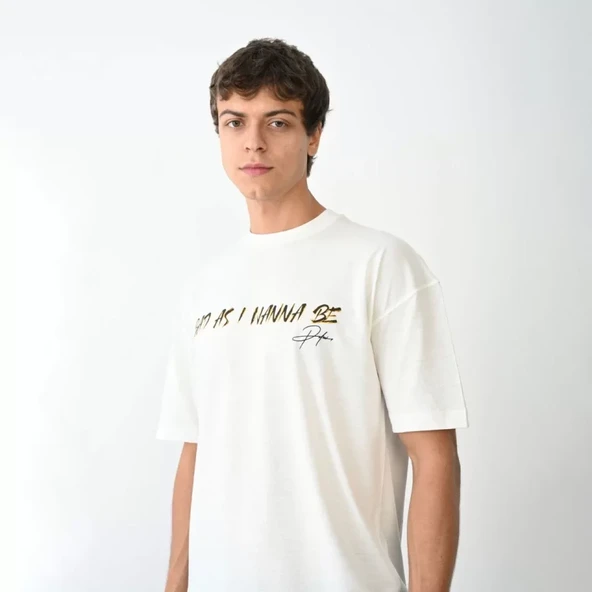 Unisex Bisiklet Yaka Baskılı Oversize T-Shirt - Beyaz - Resim 3