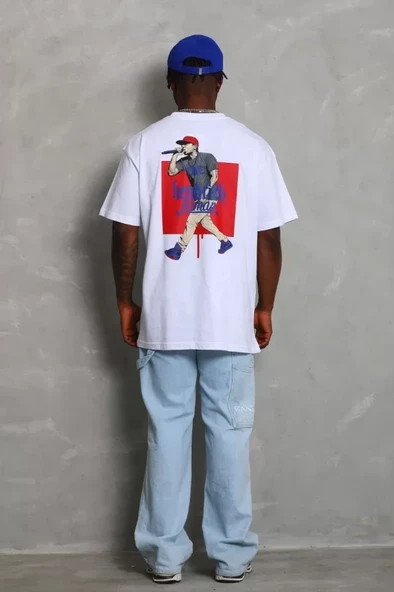 Unisex Oversize Baskılı Bisiklet Yaka T-Shirt - Beyaz ürün görseli