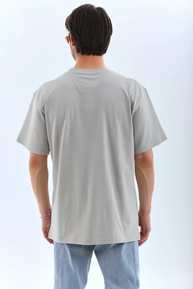 Unisex Oversize Taşlı Bisiklet Yaka T-Shirt - Gri - Resim 2